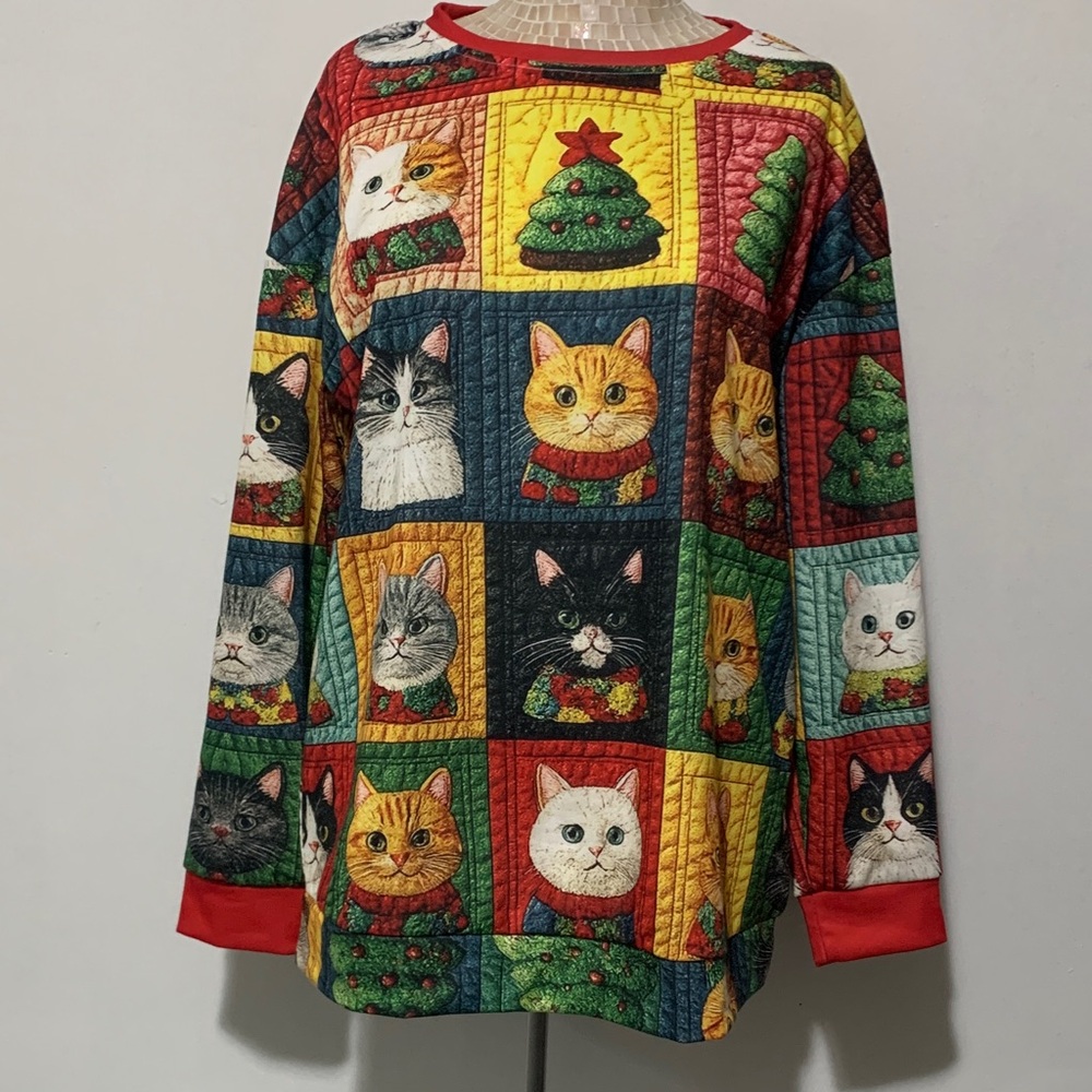 Shall We Festive Cat Patchwork Quilted Illusion Sweatshirt NWT